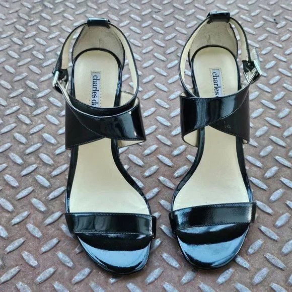 Charles David Women Heel Black Patent Leather Upper Sandal Strappy Shoes Size 7 - Picture 2 of 11